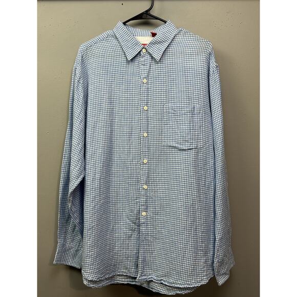 Izod Shirt Mens Large Blue White Gingham Check Linen Cotton Blend Button‎ Up - Picture 1 of 9